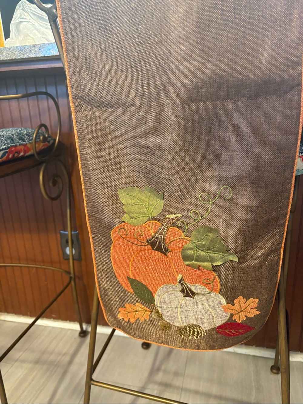Source Unknown Brown Table Runner with Orange & White Pumpkins